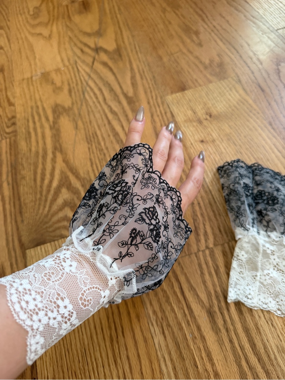 Delicate Sheer Lace Fingerless Gloves - Black Floral Overlay - Picture 8 of 8